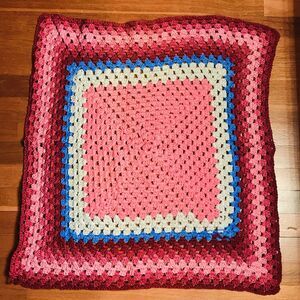 VTG Handmade Granny Square Crochet Table Topper 30” Grannycore Pink Blue White